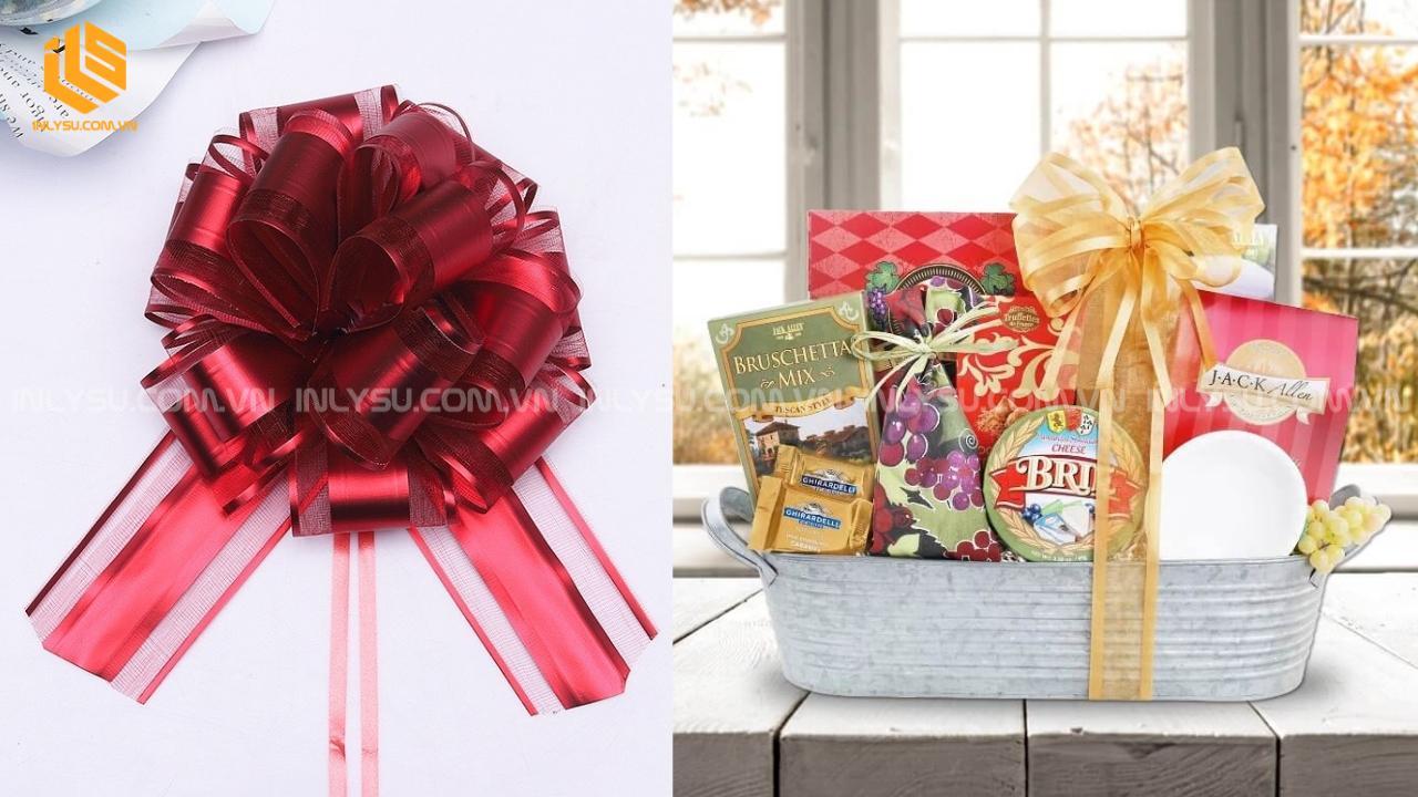 Trang trí giỏ quà Tết bằng ruy băng và nơ