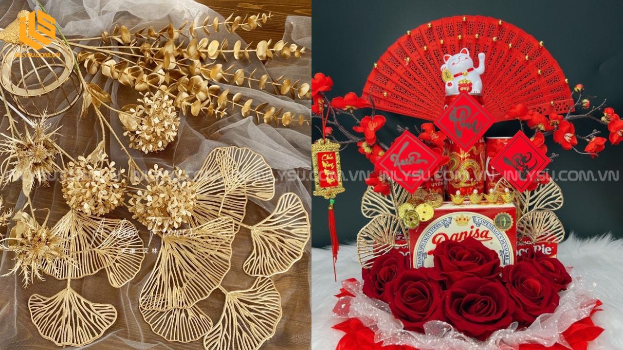 Sử dụng hoa giả và phụ kiện gói quà Tết